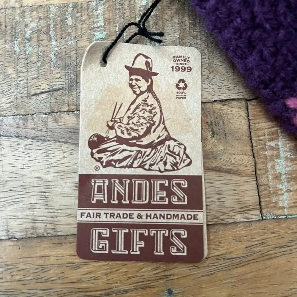 Andes Gifts Han-Knit Fingerless Gloves Purple Floral Embroidery NWT